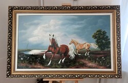 Hatalmas Najgyanov Vladimír szép zsűrizett lovas festménye 142x91 cm kerettel