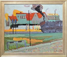 Ballagó Imre: Vasútállomás (olajfestmény) Vonat, gőzmozdony - székesfehérvári festő