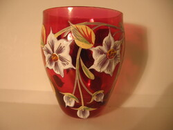 Antik Bohemia zománc festett bíbor pohár kehely szár nélkül