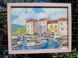 Dubrovnik tájkép olaj karton 33x43 cm olasz bézs rózsa ezüst csík képkeret külm: 37x47 cm Bánfi
