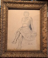 Fried Pál: Ülő nőalak (ceruzarajz) hibás kerettel.