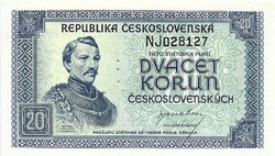 20 korun korona 1945 Csehszlovákia UNC három pici lyuk