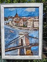Budapest Lánchíd Országház tájkép olaj karton 35x50 cm olasz fehér-ezüst képkeret külm: 41x56 Bánfi