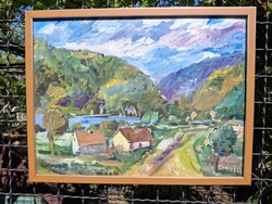 Dunai tájkép, olaj karton 33x43 cm olasz terrakotta színű ezüst csíkkal képkeret külm:35x45 cm Bánfi