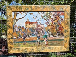 Várkastély őszi tájkép olaj karton 35x49,5 cm olasz arany napsugár absztr képkeret külm: 44x59 Bánfi