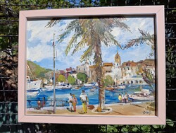 Korcula tájkép olaj karton 33x43 cm olasz bézs rózsa ezüst csík képkeret külm: 37x47 cm Bánfi