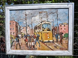 Budapest 6-os villamos tájkép olaj karton 34x46 cm olasz fehér-ezüst képkeret külm: 40x53 cm Bánfi