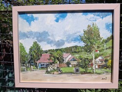 Gyimesbükk panzió tájkép olaj karton 33x43 cm olasz bézs rózsa ezüst csík képkeret külm: 37x47 Bánfi