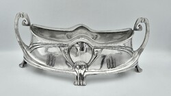 Ezüstözött, szecessziós Orivit asztalközép, eredeti üvegbetéttel