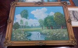 Gólyákat ábrázoló olajfestmény, blondel keretben