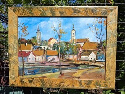 Szentendrei Bükkös pk tájkép olaj karton 33x43 cm olasz arany napsugár absztr képkeret kül: 45x59 cm