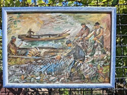 Tiszai halászat életkép olaj karton 35x50 cm olasz kék biacolor képkeret külm: 42x57 cm Bánfi