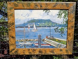 Balaton, Badacsony tájkép olaj karton 33x43 cm olasz arany napsugár absztr képkeret külm:42x53 Bánfi