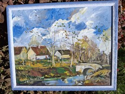 Táj híddal olaj karton 35x50 cm olasz kék bicolor képkeret külm: 38x46,5 cm Bánfi