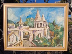 Budapest Halászbástya tájkép olaj karton 35x49,5 cm,olasz tejszínkávé képkeret külm: 41x55,5 Bánfi