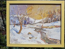 TÉL tájkép olaj karton 34x43 cm olasz sárga ezüst csik képkeret külm: 38x47 cm Bánfi