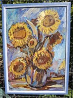 Napraforgó csendélet olaj karton 35x50 cm olasz kék bicolor képkeret külm: 39x54 cm Bánfi