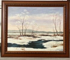 Micsik Angéla 40x50 cm festmény tájkép Téli táj