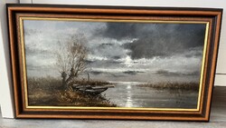Bán Tibor 60x30 cm tájkép festmény Ezüst csend holdfényben