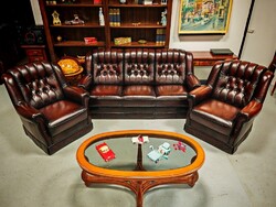 Klasszikus angol valódi bőr chesterfield ülőgarnitúra kanapé +2 fotel gyönyörű , patinás  állapotban