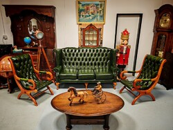 Kuriózum !! Eredeti antikolt zöld angol bőr chesterfield ülőgarnitúra gyönyörű megkímélt állapotban