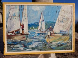 Balatoni vitorlások olaj karton 35x50 cm olasz kék bicolor képkeret külm: 39x54 cm Bánfi