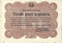 15 tizenöt pengő krajczárra krajcárra 1849 Kossuth bankó 4. hajtatlan