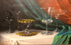 ÚJÉVI AJÁNLAT! GARANTÁLTAN EREDETI CSODÁS FRIEDLINGER JENŐ / 1890- / CSENDÉLET ÜVEGPOHARAKKAL