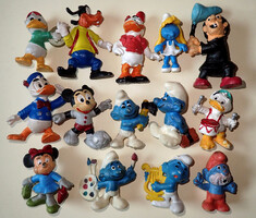 14 db retró vintage PVC gumi műanyag Disney mini figura Mickey egér Hupikék Törpikék figurák