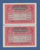 2 X 2 Korona 1917 Deutschösterreich felülbélyegzéssel aUNC (2 kronen 1917) sorszámuk egymást követik