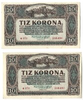 2 x 10 korona 1920 Sorszámkövetők aUNC 2.
