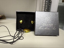 Zsolnay ékszer szett, medál és fülbevaló, zöld eozin