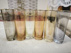 Retro hosszú, aranyszélű színes irizáló pohár 6 db  eladó!