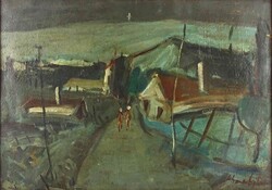 1Y518 Jelzett olaj karton festmény : Görbe utca 50 x 35