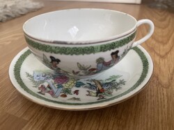 Gyönyörű gyűjtői finom vékony porcelán Kinai jelenetes teás csésze kistányérral