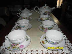 Antik, hat személyes Zsolnay virág mintás teás készlet, finom porcelánból készült, ezüst széllel.