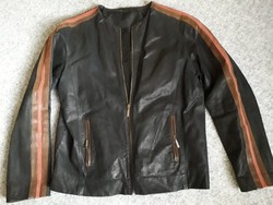 Fekete barna csíkkal velúrbőr cipzáros béléses dzseki L