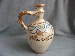 Antik népi mázas cserép korsó csatkai szenteltvizes korsó 19. sz csöcsös korsó a csatkai búcsúból