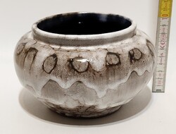 Hódmezővásárhelyi, fekete körmintás, folyatott fekete, szürke mázas kerámia kaspó (3698)
