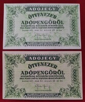 2db 500.000 adópengő unc, Két fajta szín változat, ékezet hiányos szöveg, / jel nélkül.