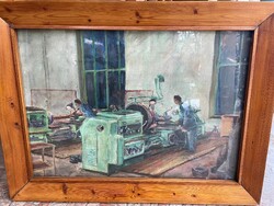 Haffner Károly Esztergályosok szocreál szocialista realista olaj festmény régi retro kép