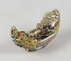 1U210 Antik vajszínű áttört gondola alakú Zsolnay majolika tálka 13 cm