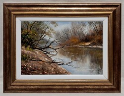 VÉGSŐ ÁR! JAN. 18-IG ÉL! Benda Zoltán "Folyóparti fák" c. olajfestmény szép keretben ingyen postával