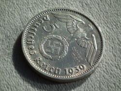 Németország, horogkeresztes ezüst birodalmi 5 Márka (Reichsmark), 1939 J
