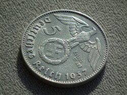 Németország, horogkeresztes ezüst birodalmi 5 Márka (Reichsmark), 1937 J