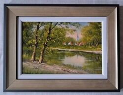 VÉGSŐ ÁR! JAN. 18-IG ÉL! Benda Zoltán "Idilli falucska" olajfestmény szép keretben, ingyen postával