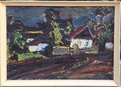 Baranyó Sándor (1920-2001) : Falurészlet.,Képcsarnokos, 70x100 cm.
