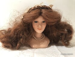 PORCELÁN BABAFEJ  - 11 x 8 cm + HAJ - 20 cm - RÉGI - HIBÁTLAN