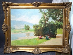 Gebhardt István: Lányok a vízparton libákkal (olajfestmény blondel keretben)