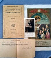 Ritka katolikus iskolai értesítő + hittan-bizonyítvány + 1926-os szentáldozási kép